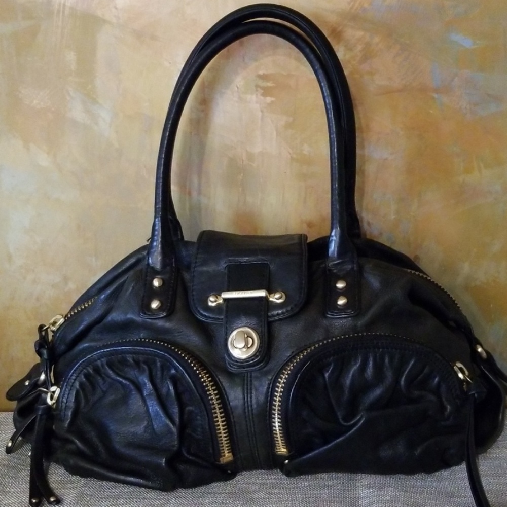 Botkier Black Leather Double-Zip Shoulder Bag with Gold Hardware